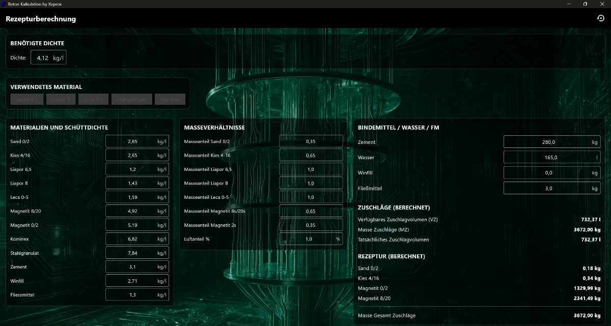Screenshot der App Beton Rezept Kalkulation