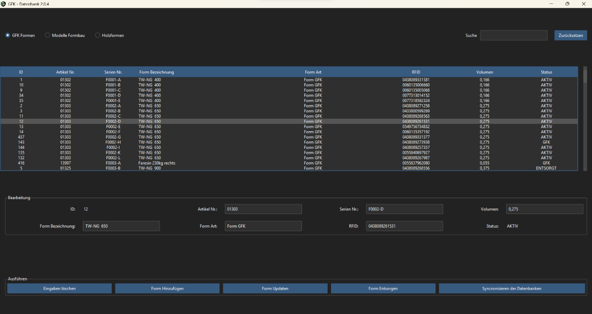 Screenshot des GFK Datenbank Tools