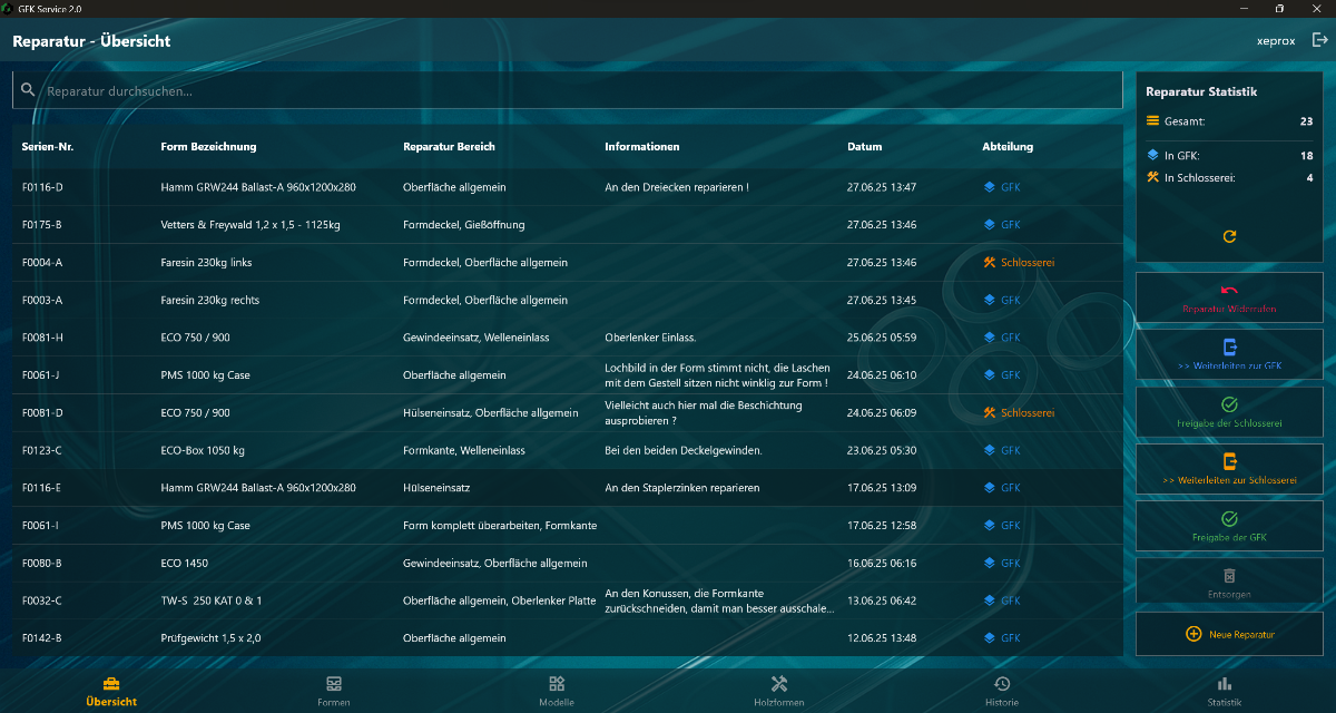 Screenshot des GFK Reparatur Service