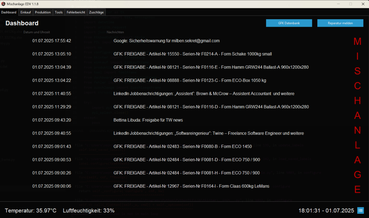 Screenshot der Anwendung Verwaltung Mischanlage